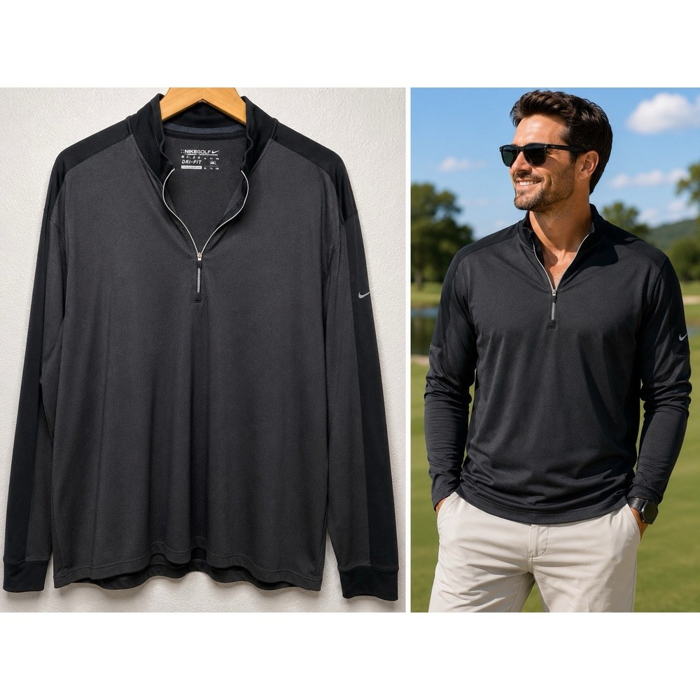 Nike Golf Dri-Fit Black Quarter Zip Long Sleeve Pullover XXL Athletic Wear EUC